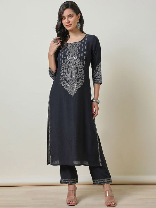 Dhiyona SO Women's Black Ethnic Motifs Embroidered Yoke Design Thread Work Straight Kurta With Trousers