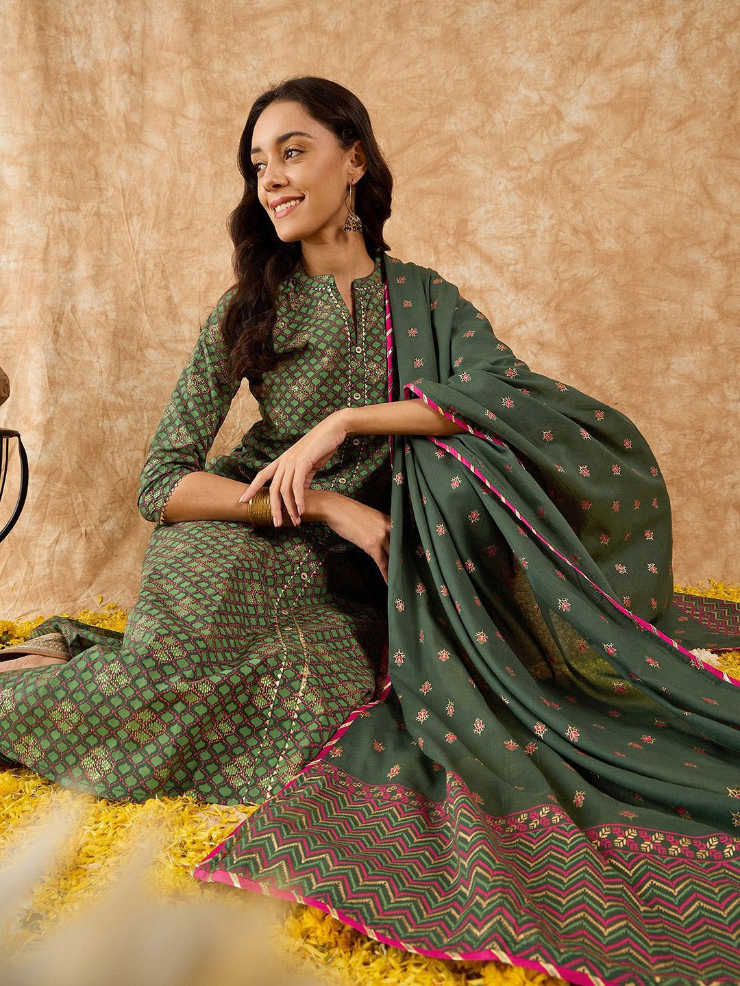 Floral Printed A-Line Sequinned Kurta with Trousers & Dupatta