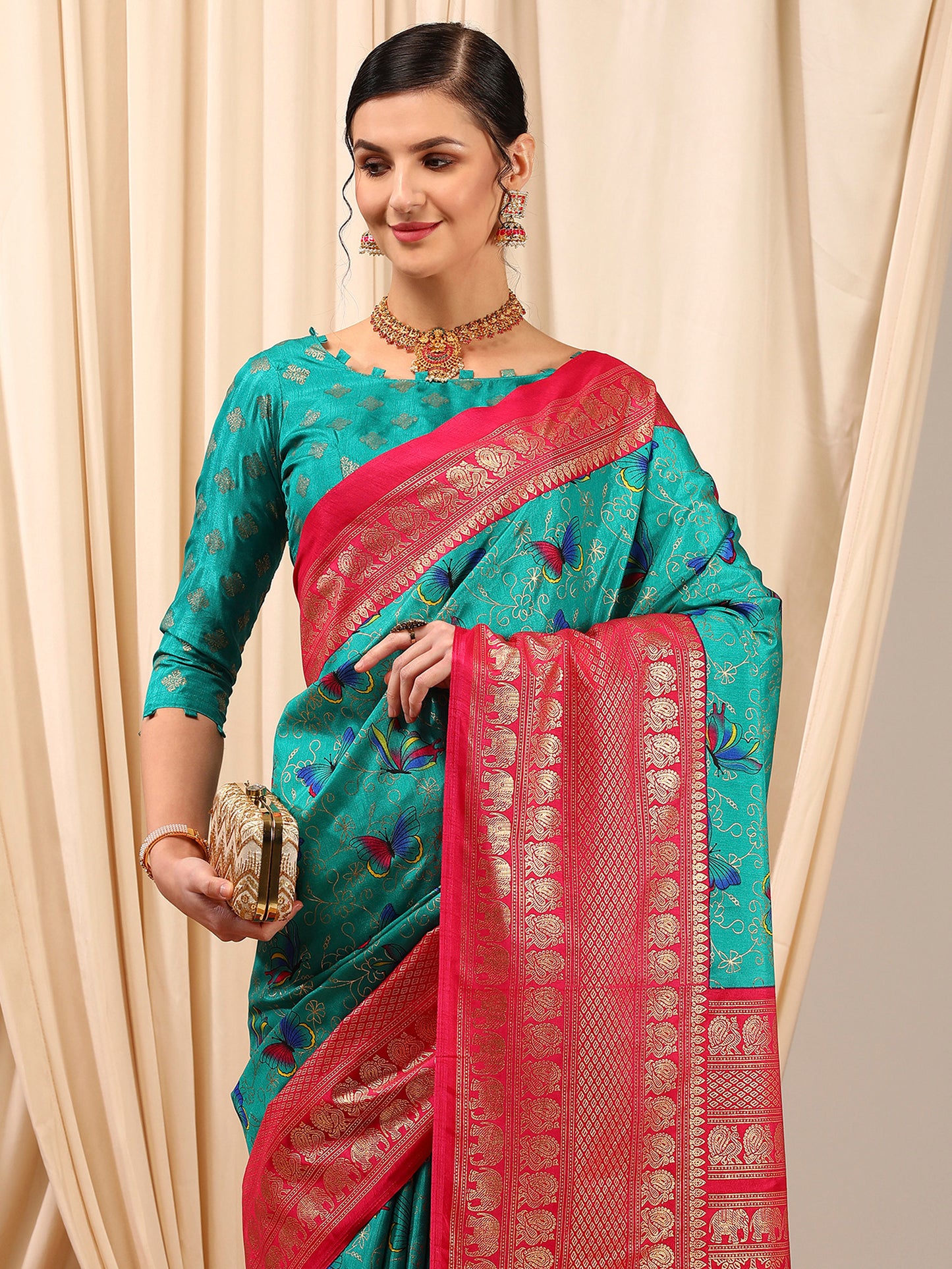 Women's Cotton Blend Blue Printed Designer Saree With Blouse Piece