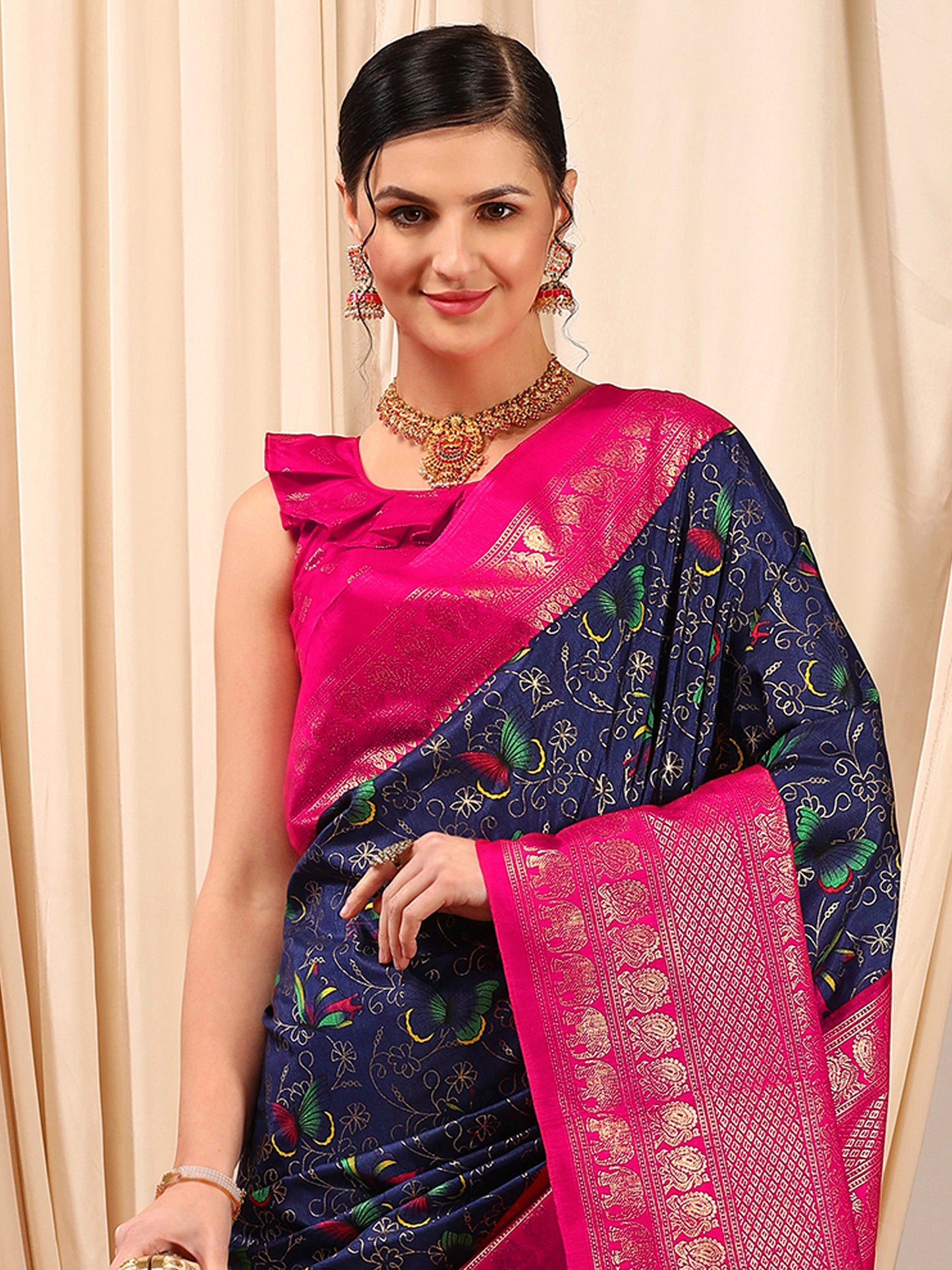 Women's Cotton Blend Navy Blue Printed Designer Saree With Blouse Piece