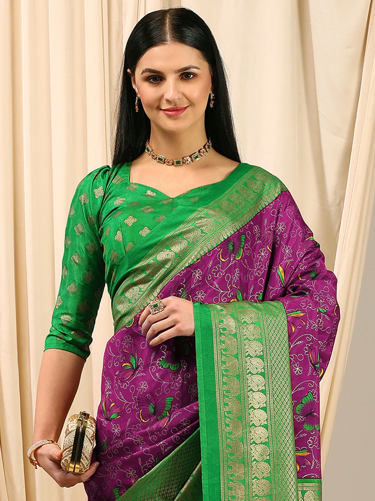 Women's Cotton Blend Purple Printed Designer Saree With Blouse Piece