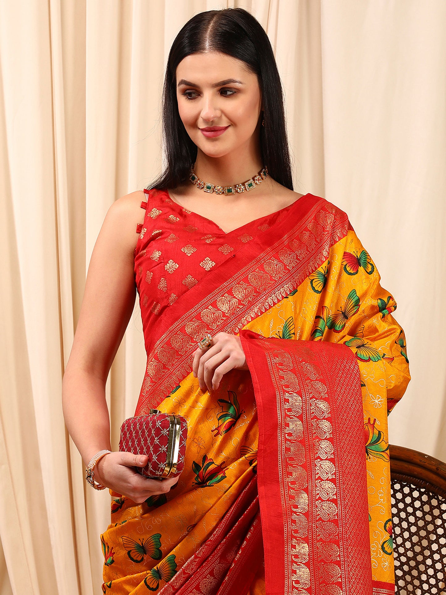 Women's Cotton Blend Yellow Printed Designer Saree With Blouse Piece