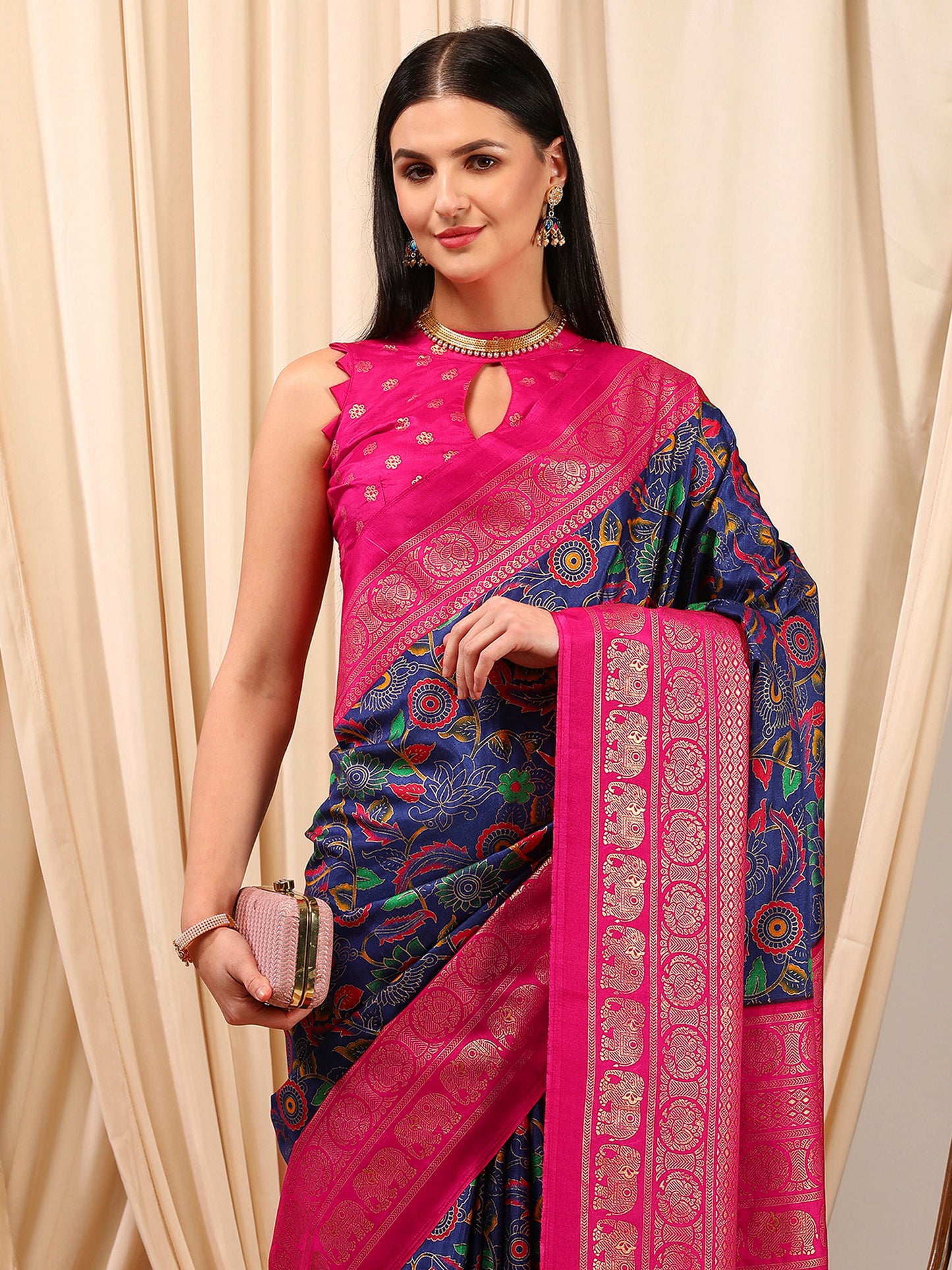 Women's Cotton Blend Navy Blue Printed Designer Saree With Blouse Piece