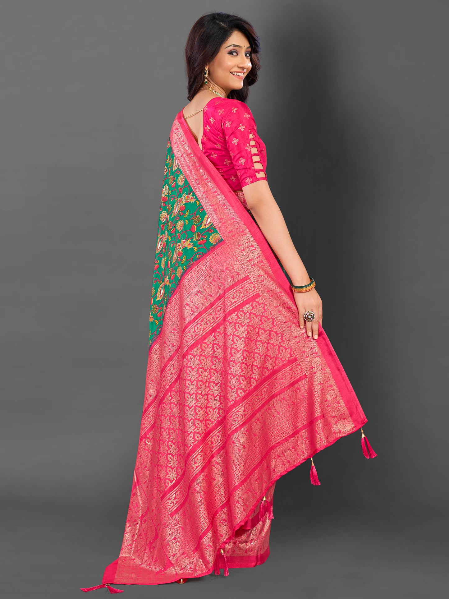 Women's Cotton Blend Teal green Printed Designer Saree With Blouse Piece