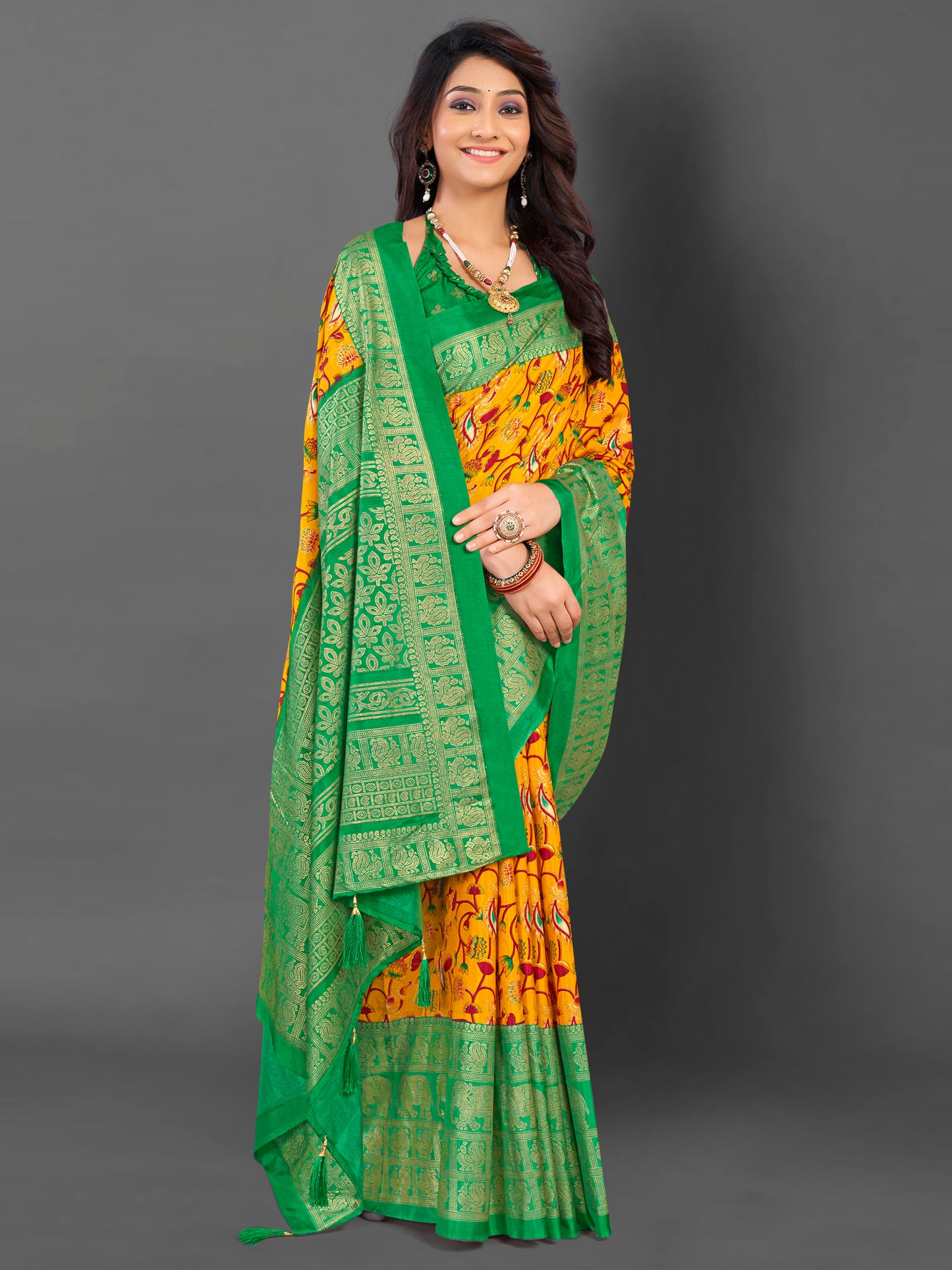 Women's Cotton Blend Mustard Printed Designer Saree With Blouse Piece