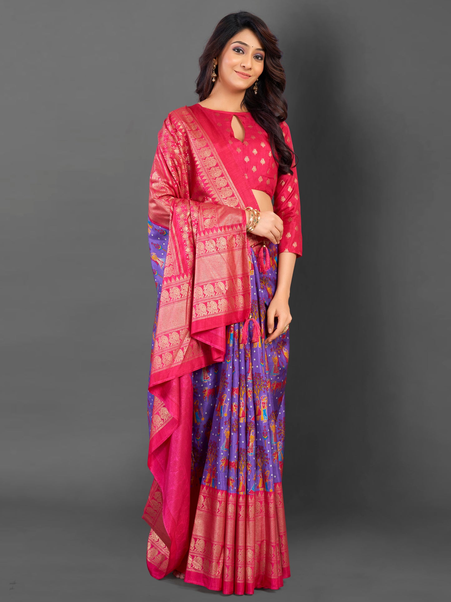 Women's Cotton Blend Lavendar Printed Designer Saree With Blouse Piece