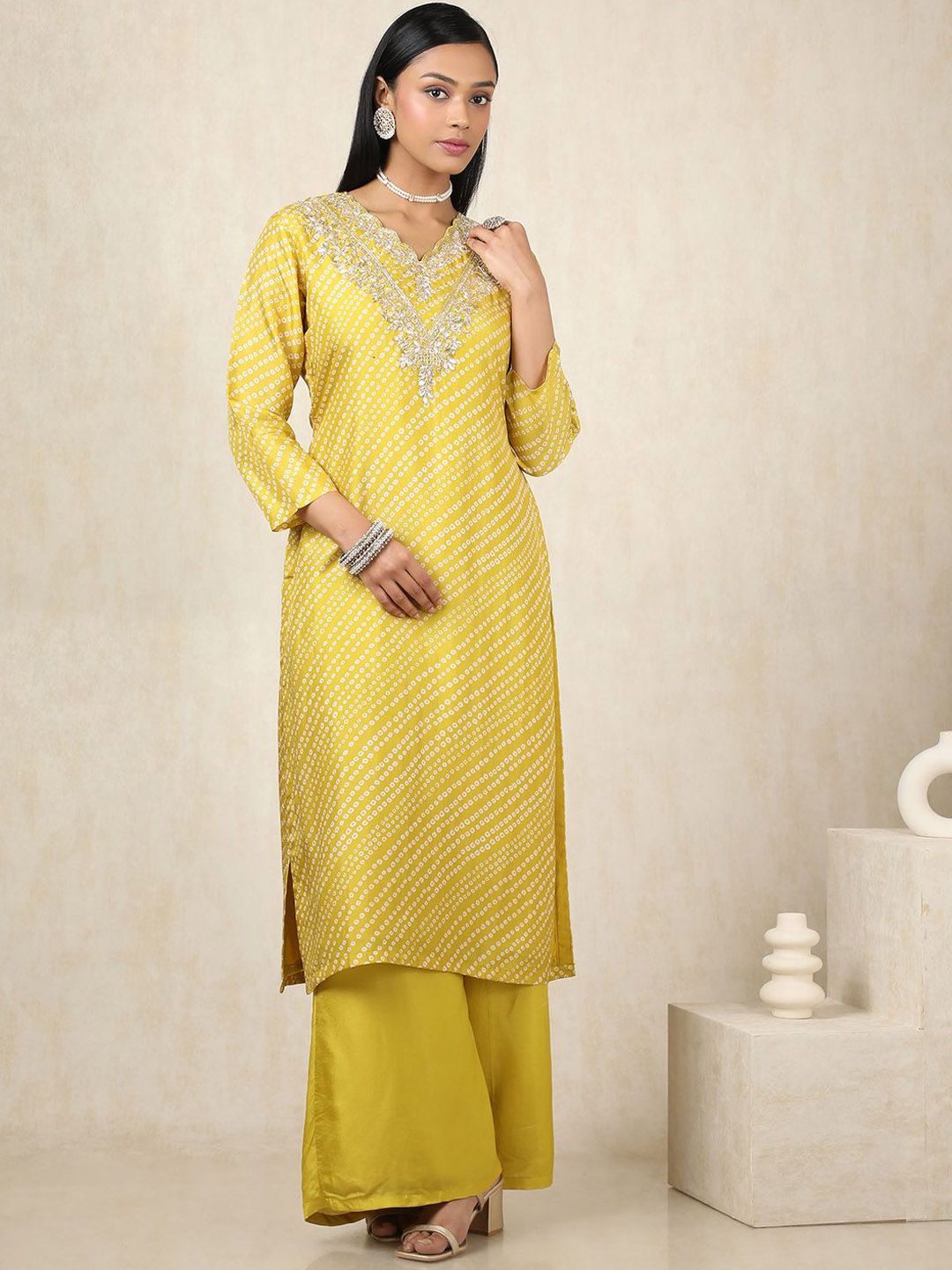 Dhiyona SO Women's Bandhani Printed Sequinned Straight Kurta With Palazzos & Dupatta