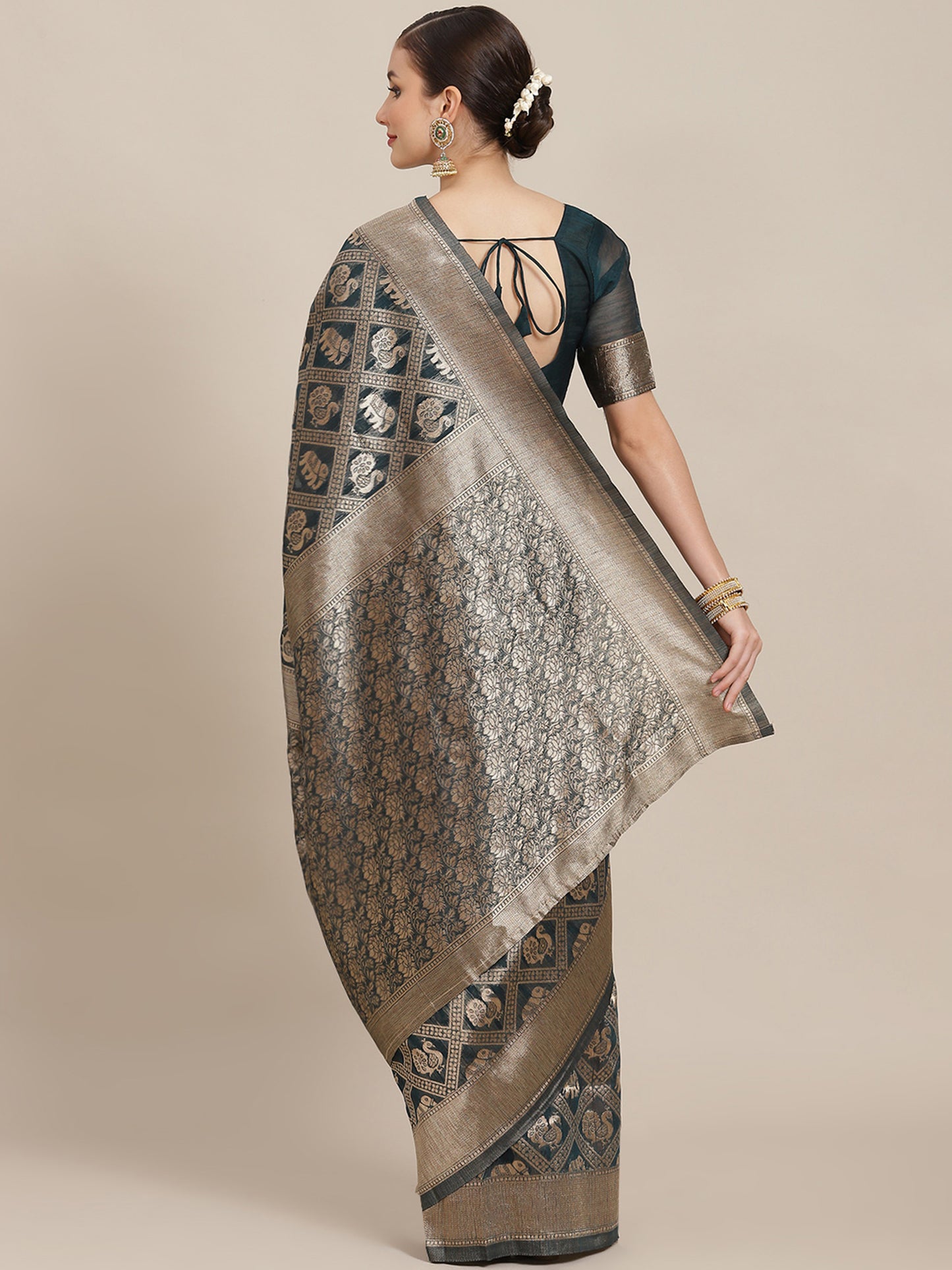 Women's Cotton Blend Teal blue Woven Design Designer Saree With Blouse Piece