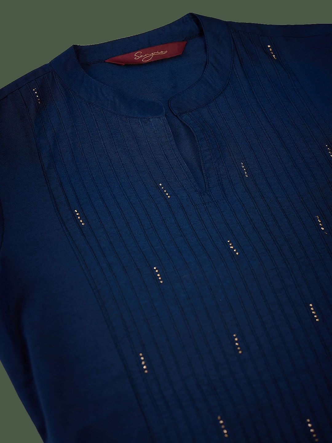 Dhiyona SN Women's Navy Blue Stripped Self Design Pintuck Pure Cotton Kurta & Trouser With Dupatta