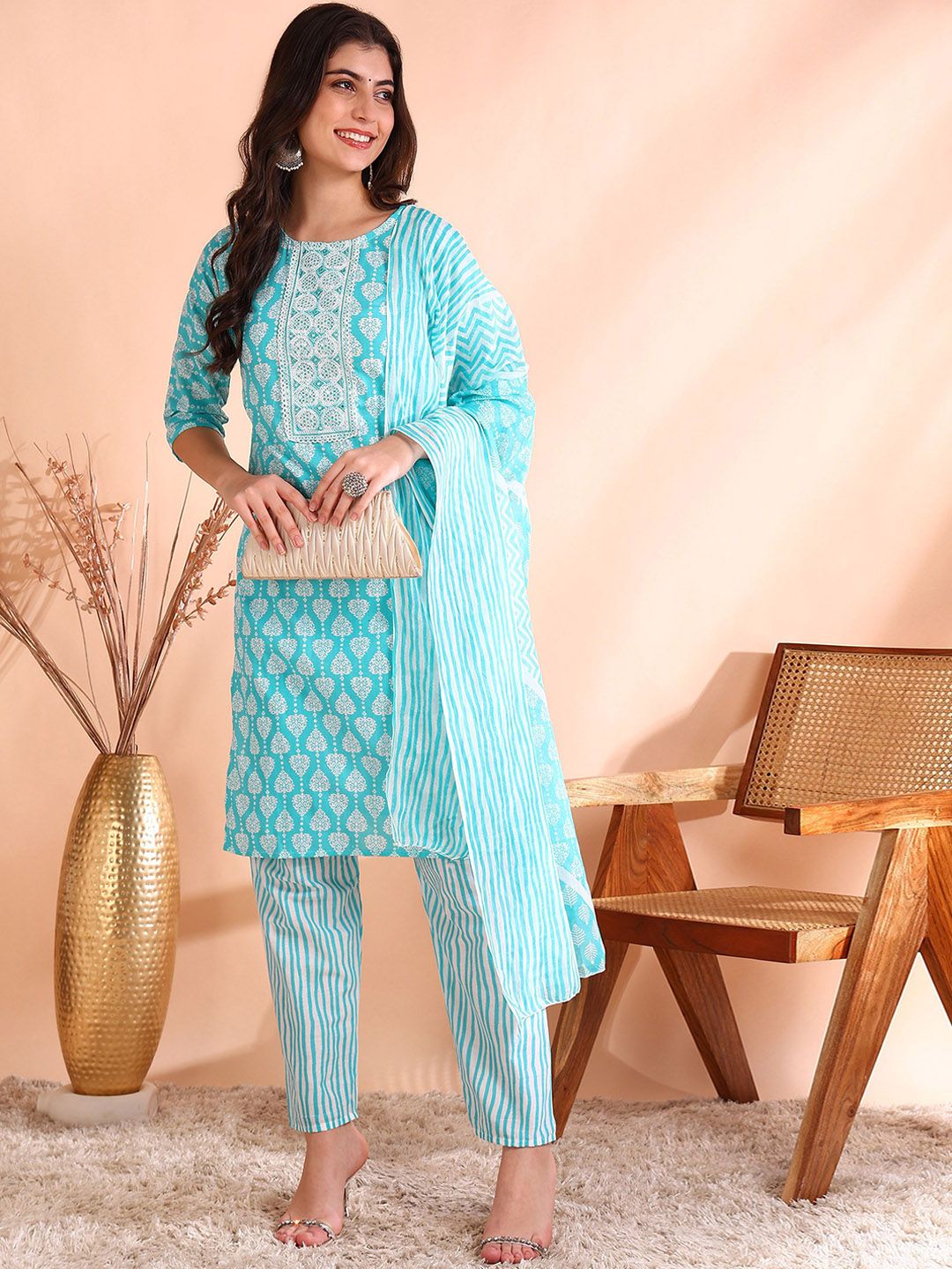 Dhiyona OD Thread Work Pure Cotton Straight Kurta with Trousers & Dupatta