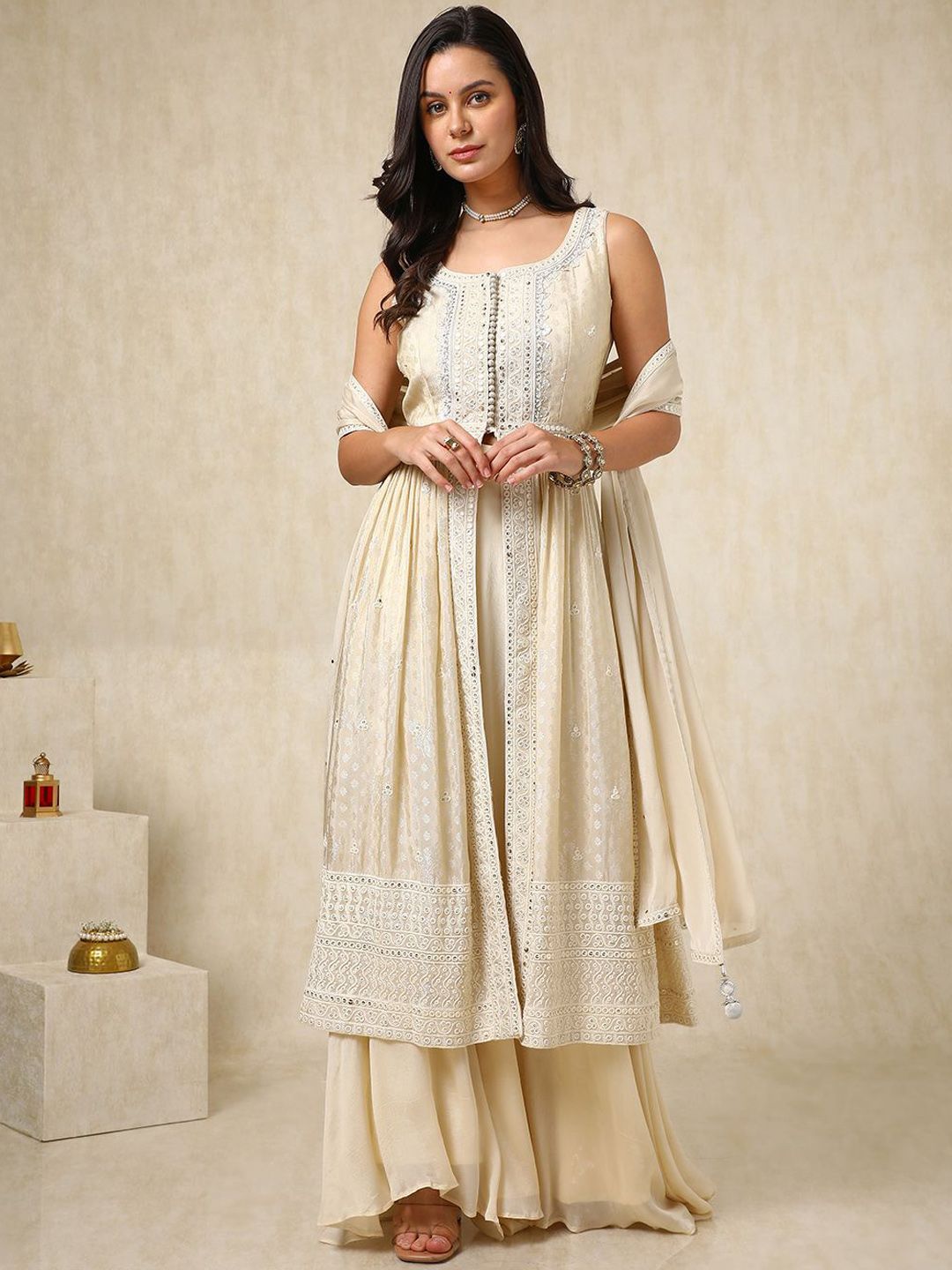 Dhiyona SO Women's Alina Cut Ethnic Motifs Embroidered Sequinned Anarkali Kurta with Palazzos & Dupatta