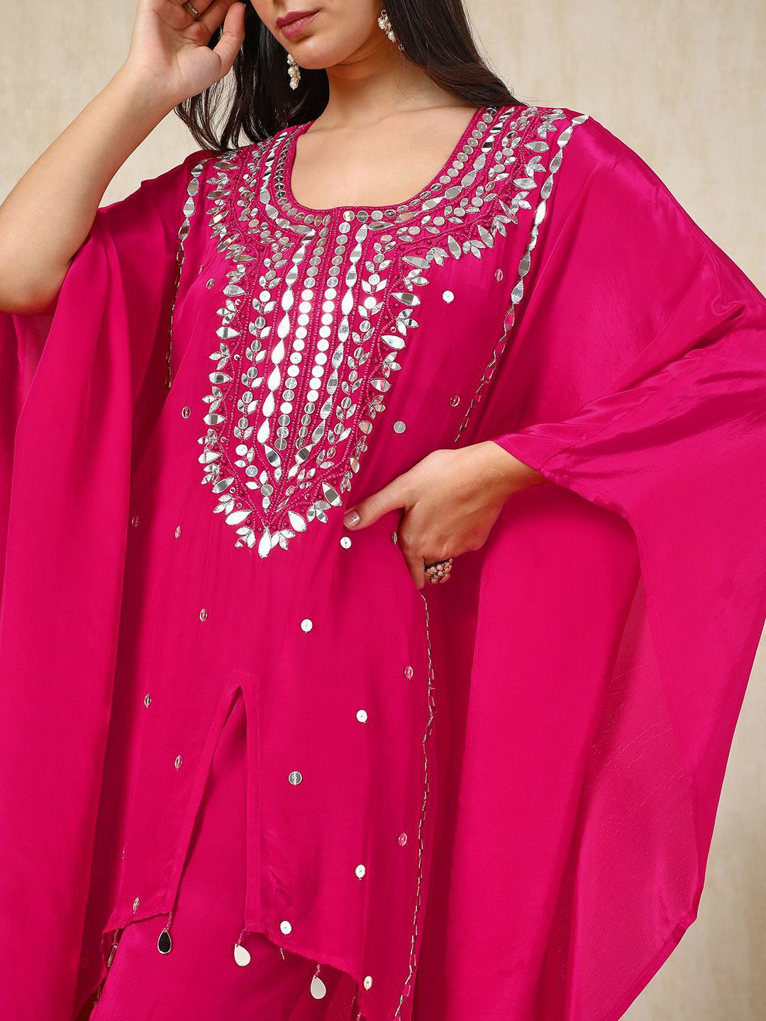 Dhiyona SO Women's Mirror Embroidered Regular Mirror Work Kaftan Kurta with Palazzos