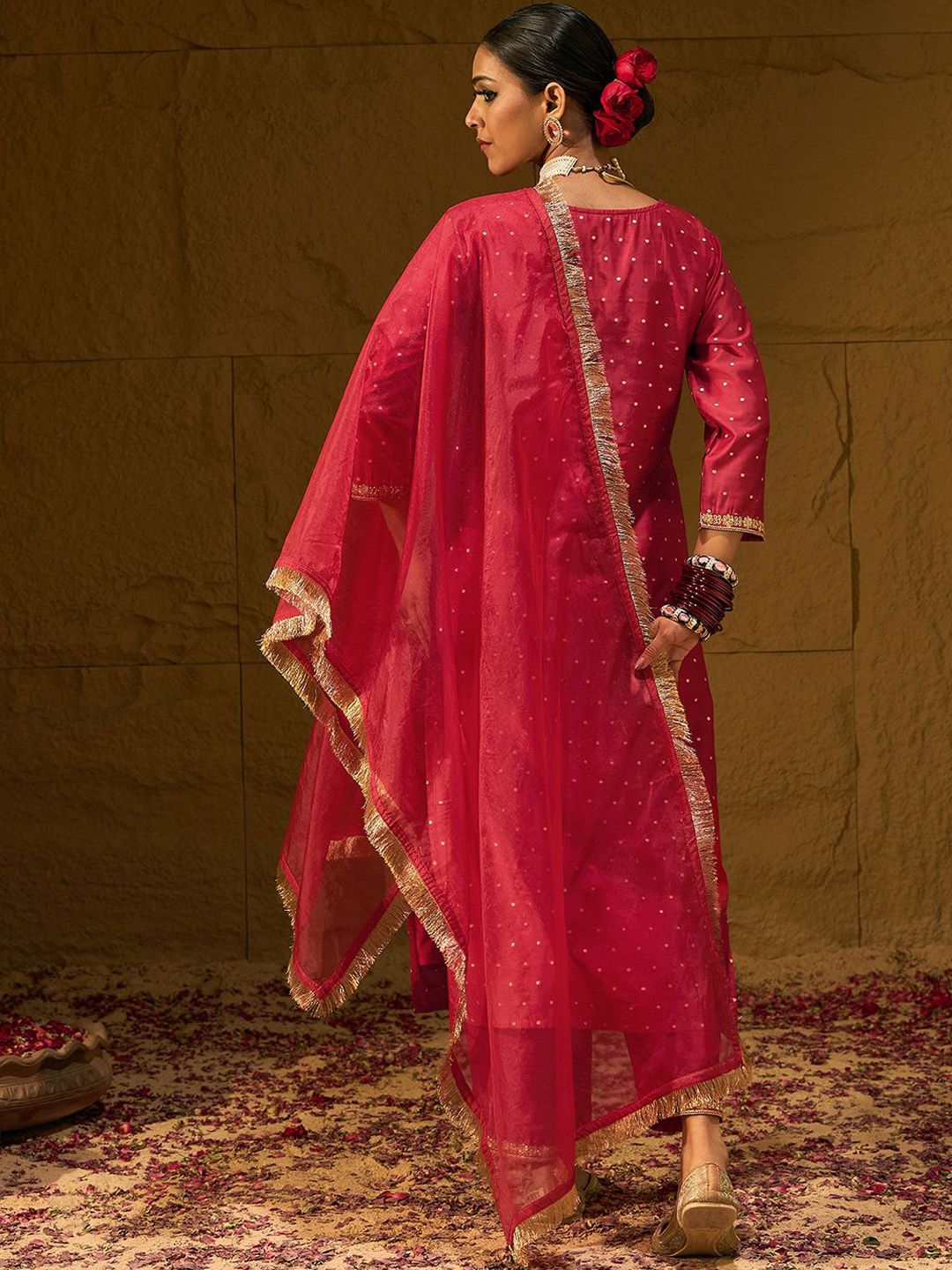 Dhiyona IE Ethnic Motifs Embroidered Chanderi Silk Straight Kurta With Trousers & Dupatta