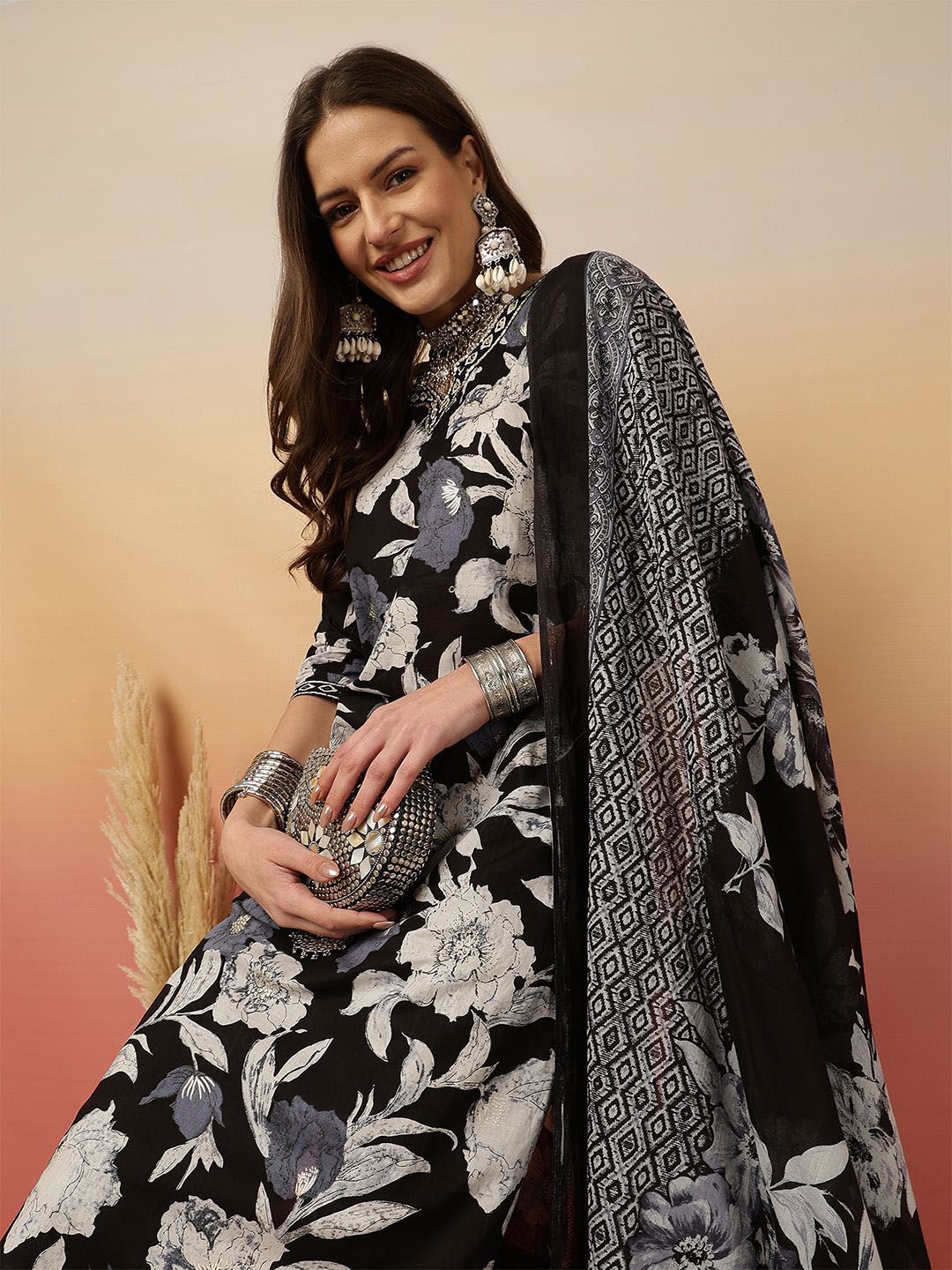 Dhiyona SN Women's Floral Printed Adda Work Cotton Kurta With Trouser & Dupatta