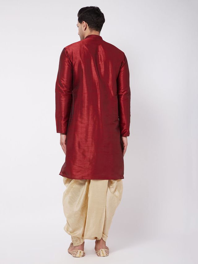 Men's Maroon Silk Blend Straight Kurta and Dhoti Set
