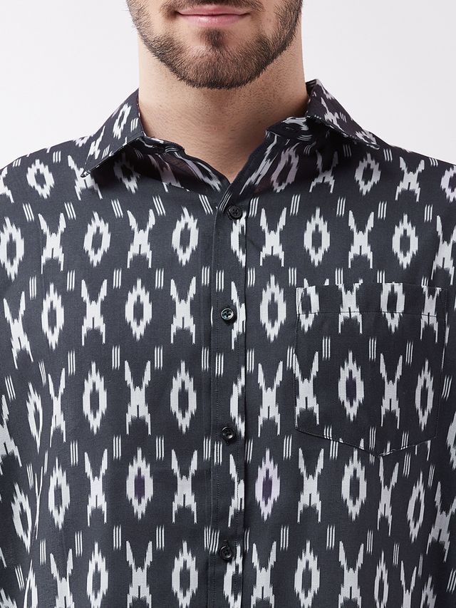 Men's Black Cotton Blend Straight Ethnic Shirt