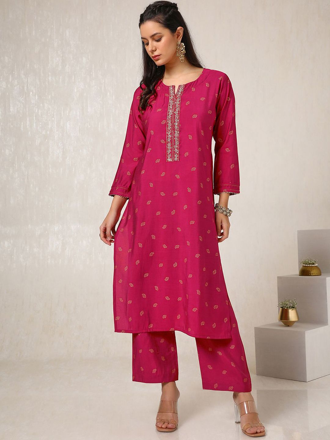 Dhiyona SO Women's Ethnic Motifs Printed Thread Work Straight Kurta with Palazzos & Dupatta