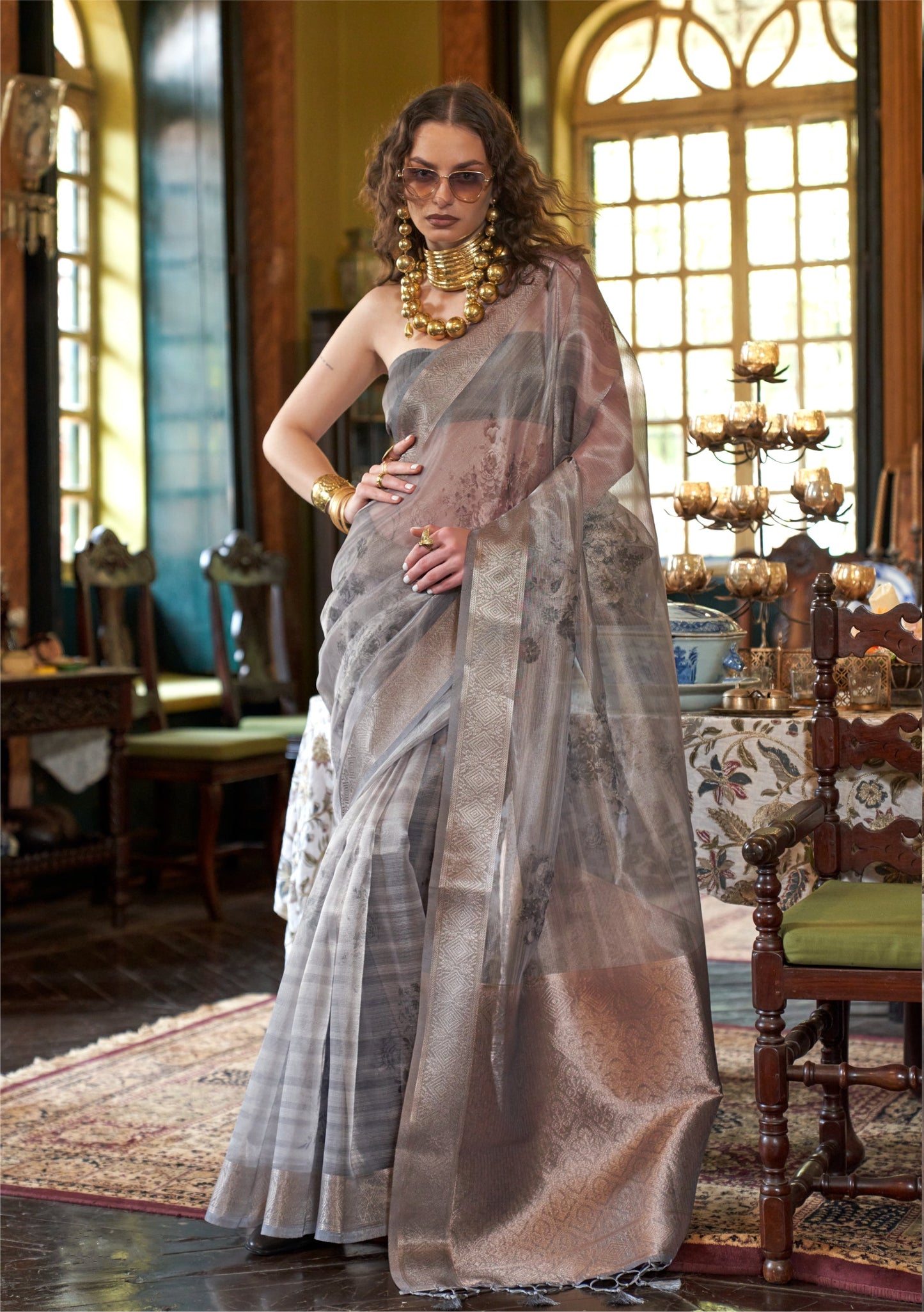 Dhiyona GR Women's Essence Smoke Grey Organza Woven Printed Saree