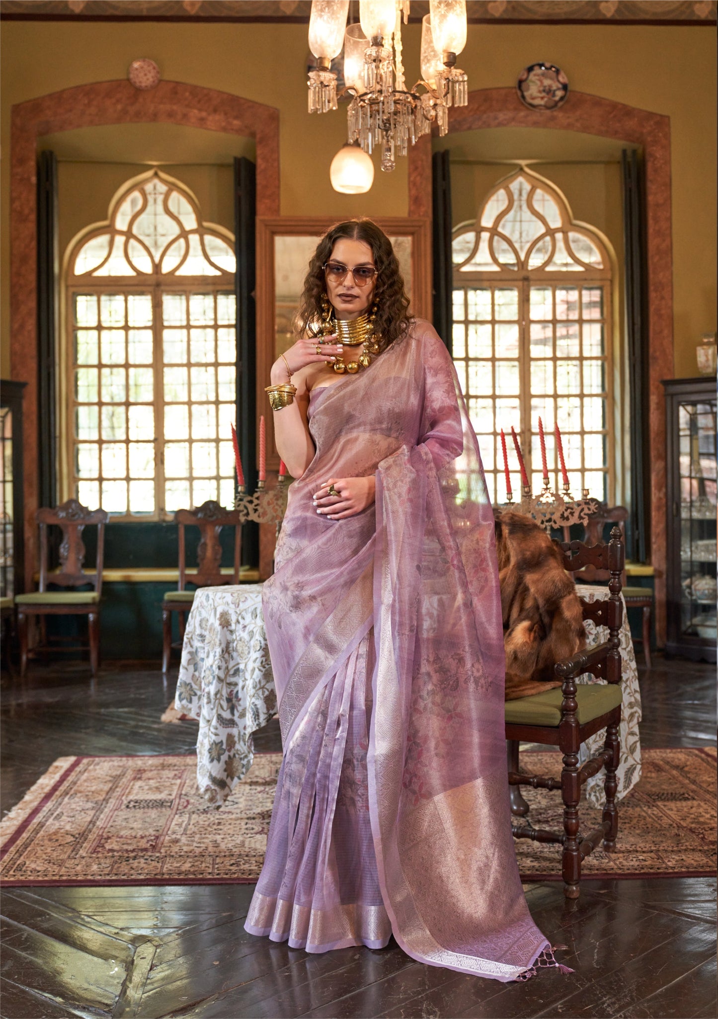 Dhiyona GR Women's Essence Lilac Organza Woven Printed Saree