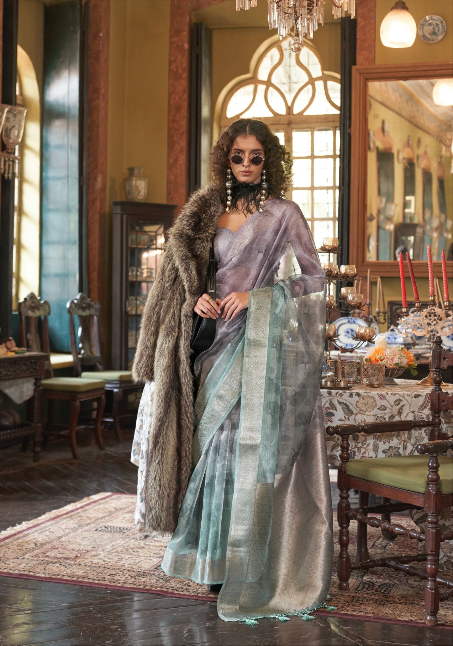 Dhiyona GR Women's Essence Teal & Smoke Grey Organza Woven Printed Saree
