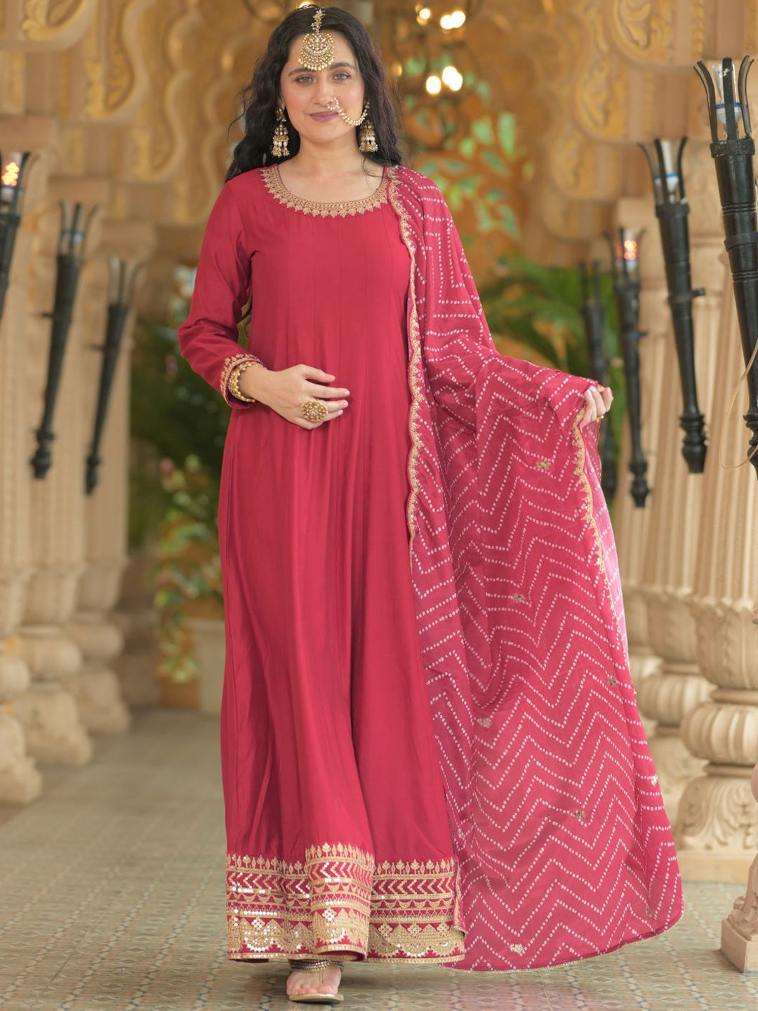 Dhiyona IE Ethnic Motifs Embroidered Liva Anarkali Kurta With Trousers & Dupatta