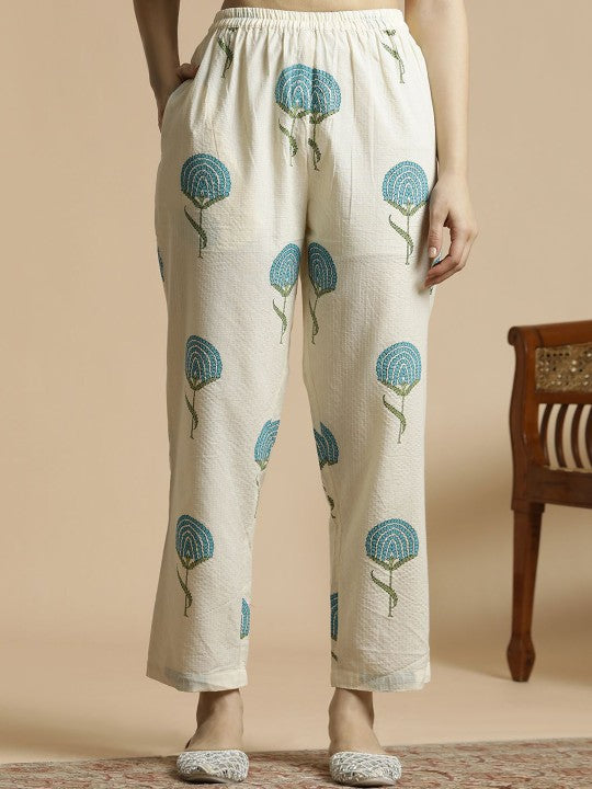 Women's White & Blue Floral Printed Notch Neck Thread Work Cotton A-Line Kurta & Trouser