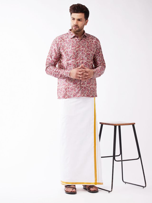 Men's MulticolorBasePink Silk Blend Straight Shirt And Mundu
