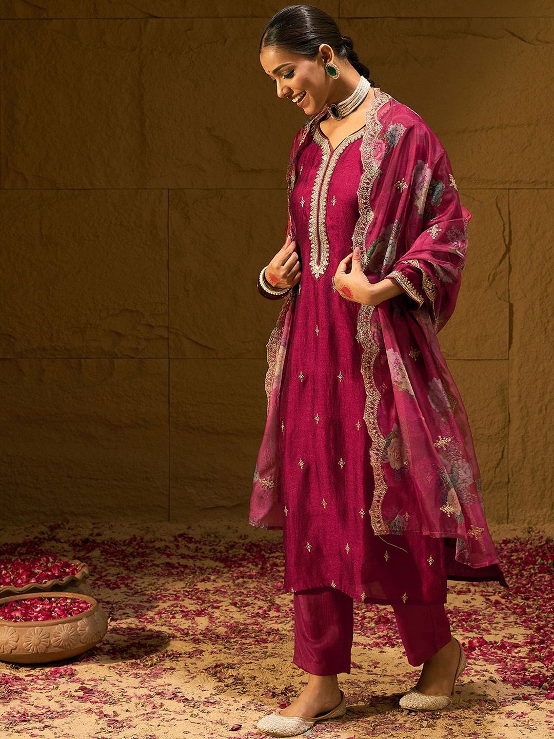 Dhiyona IE Floral Embroidered Straight Kurta with Trousers & Dupatta