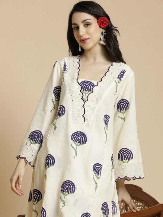 Women's Floral Printed Bell Sleeves Thread Work Pure Cotton A-Line Kurta With Palazzos