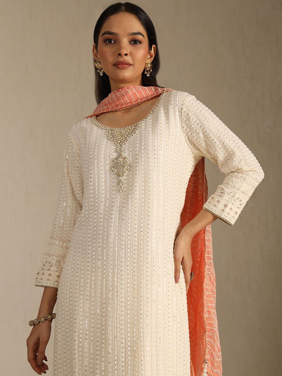 Dhiyona SO Women's Ethnic Motifs Embroidered Beads And Stones Georgette Kurta With Palazzos & Dupatta