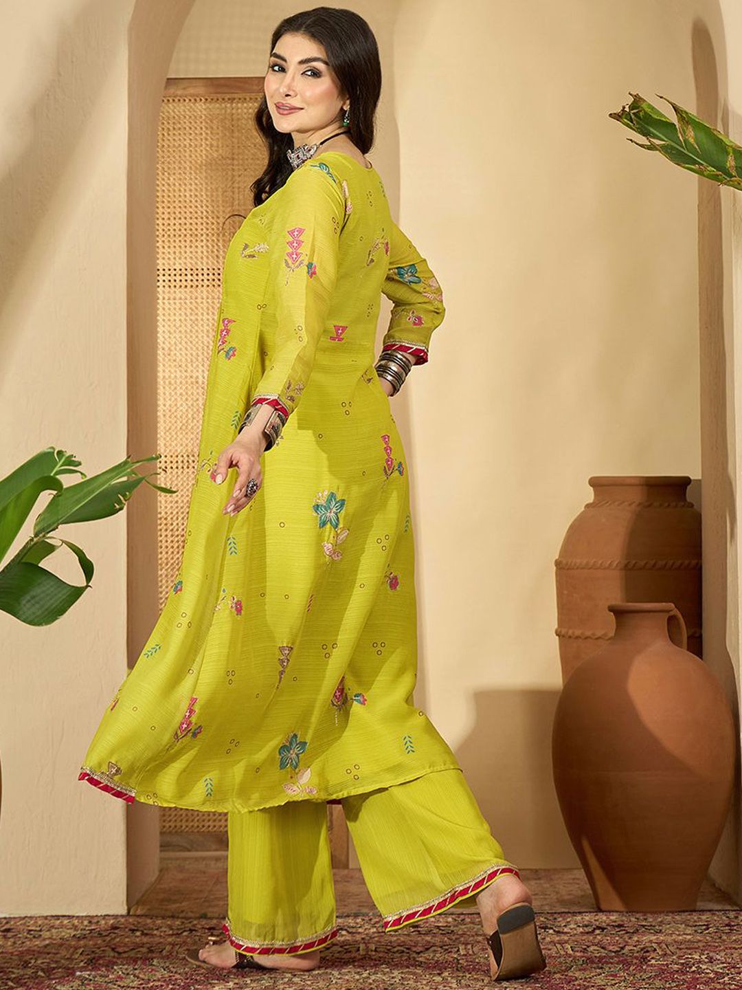 Dhiyona SN Women's Floral Woven Design Zari Anarakli Kurta With Trousers & Dupatta