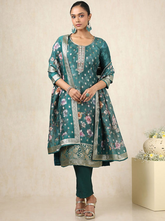 Dhiyona SO Women's Floral Brocade Woven Design Art Silk Straight Kurta With Trousers & Dupatta