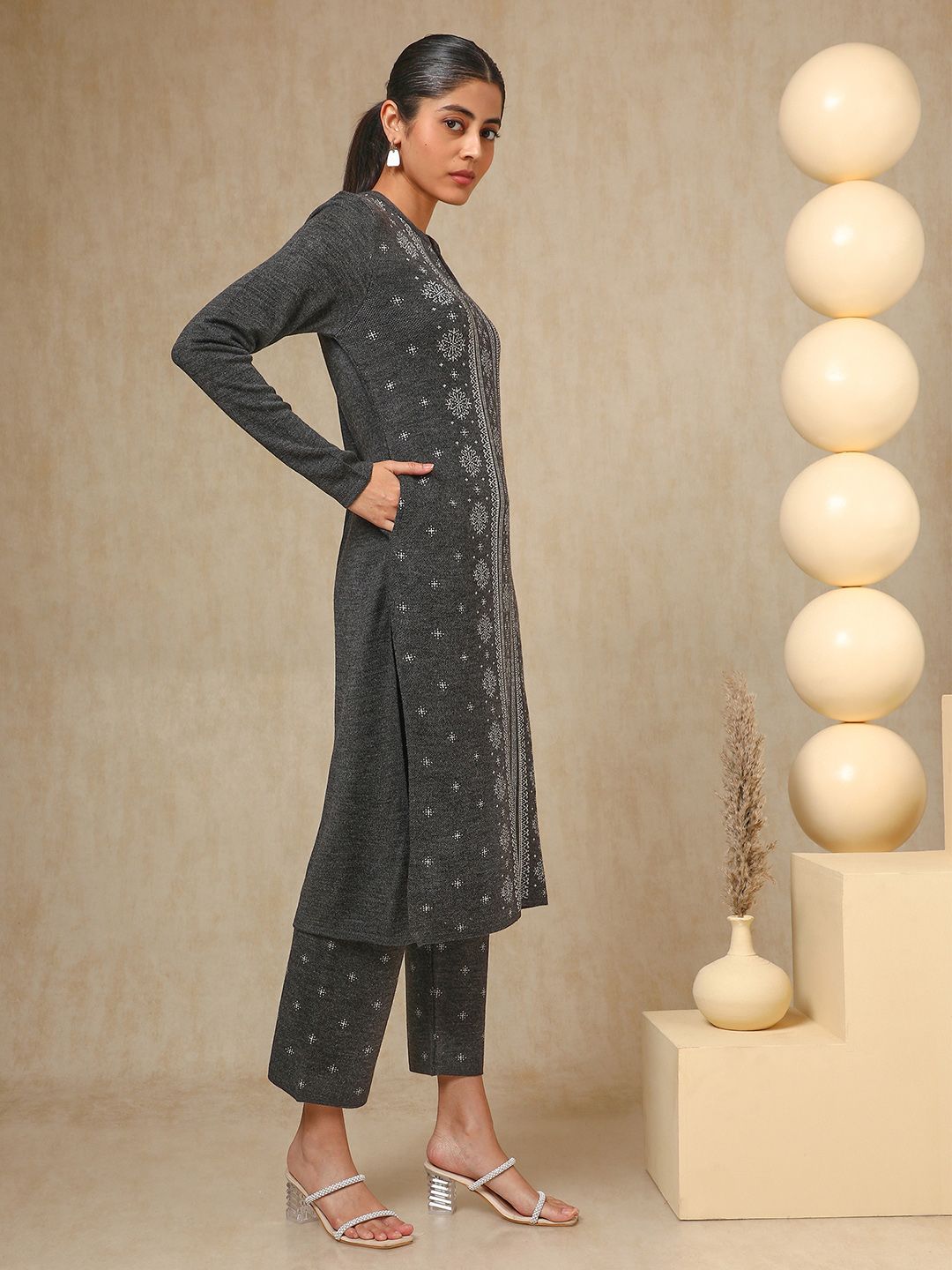 Dhiyona SO Women's Charcoal Floral Woven Design Mandarin Collar Acrylic Straight Kurta With Trouser