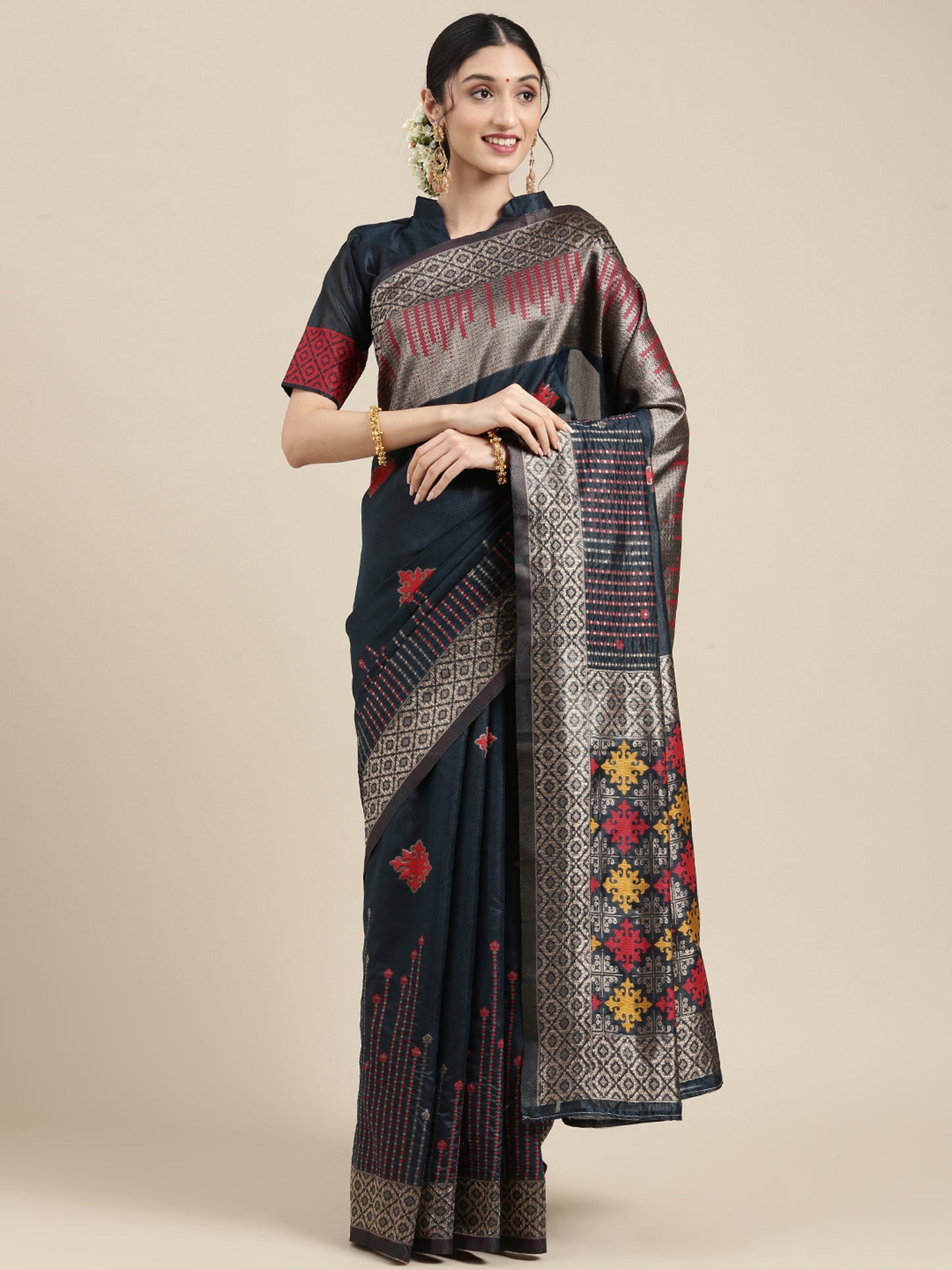Women's Silk Blend Teal blue Woven Design Designer Saree With Blouse Piece