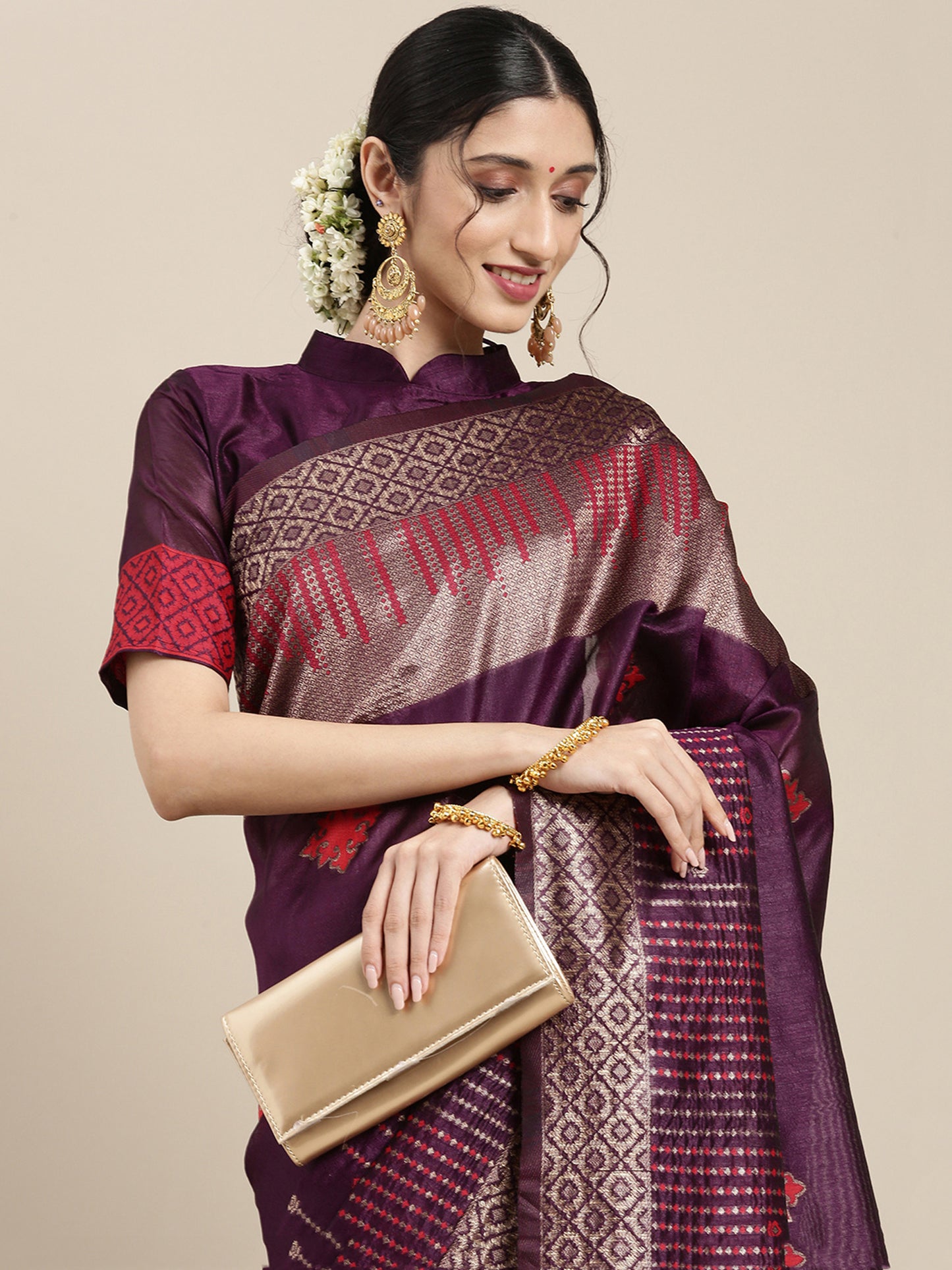 Women's Silk Blend Purple Woven Design Designer Saree With Blouse Piece