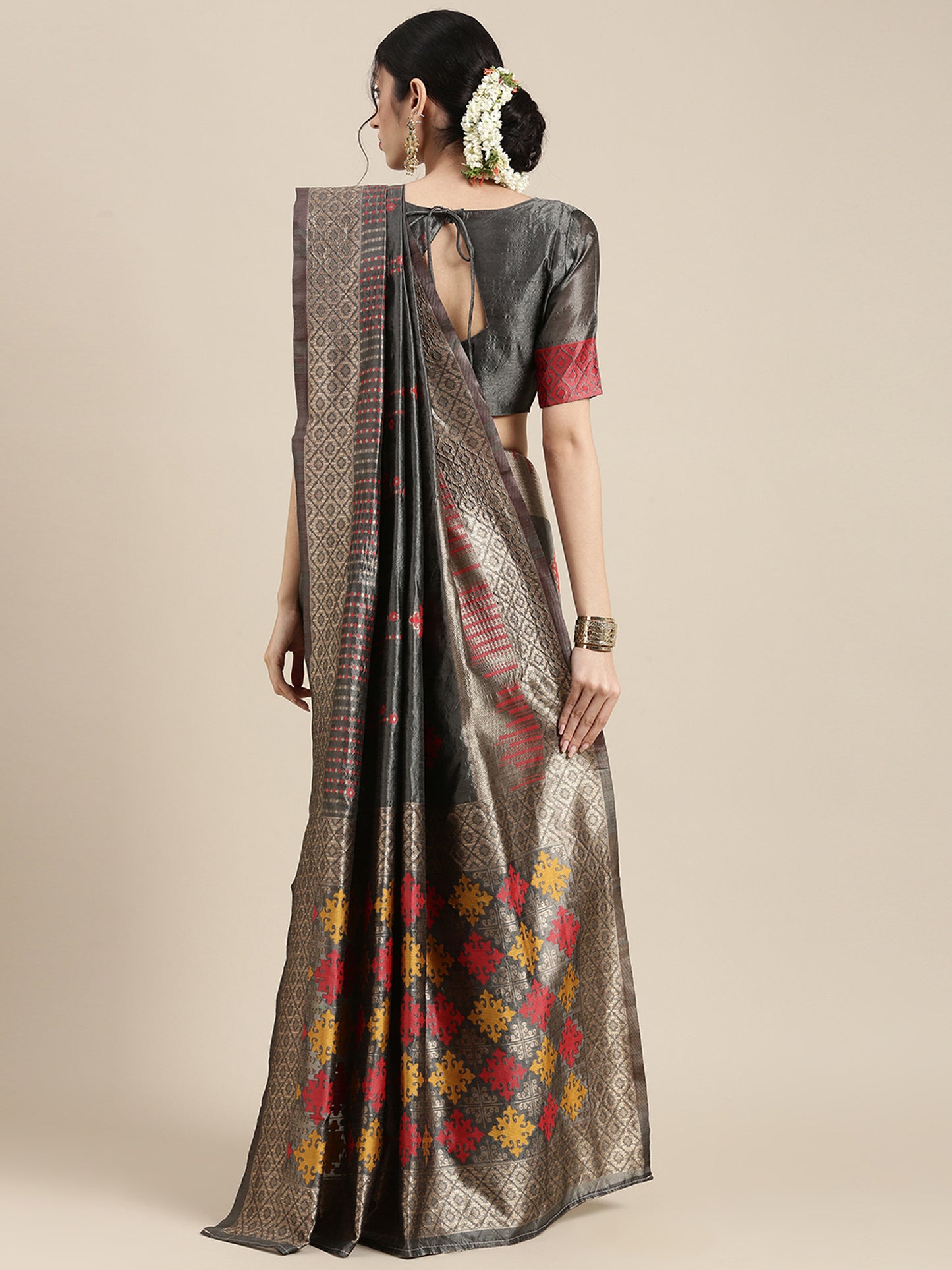 Women's Silk Blend Grey Woven Design Designer Saree With Blouse Piece