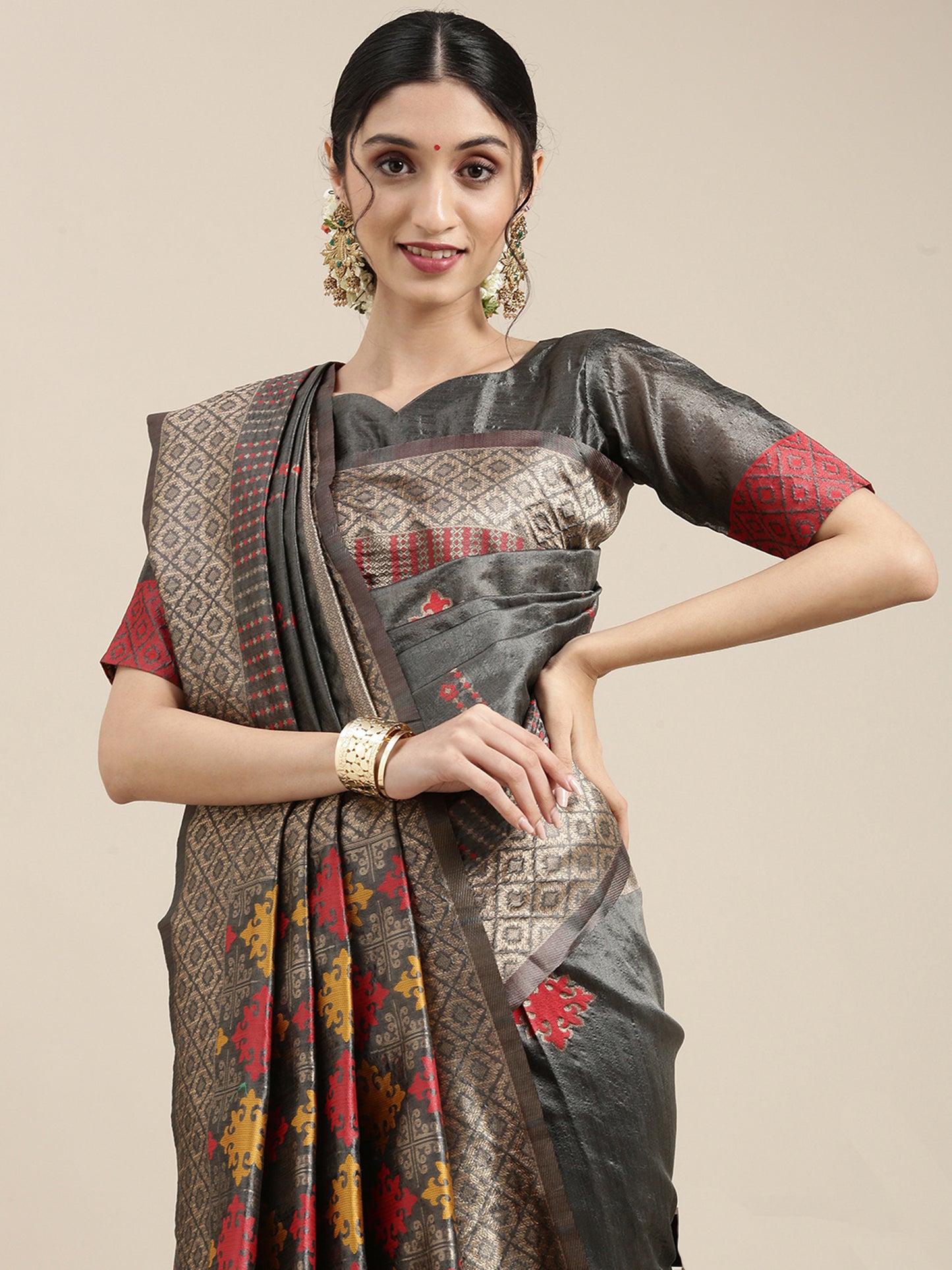 Women's Silk Blend Grey Woven Design Designer Saree With Blouse Piece