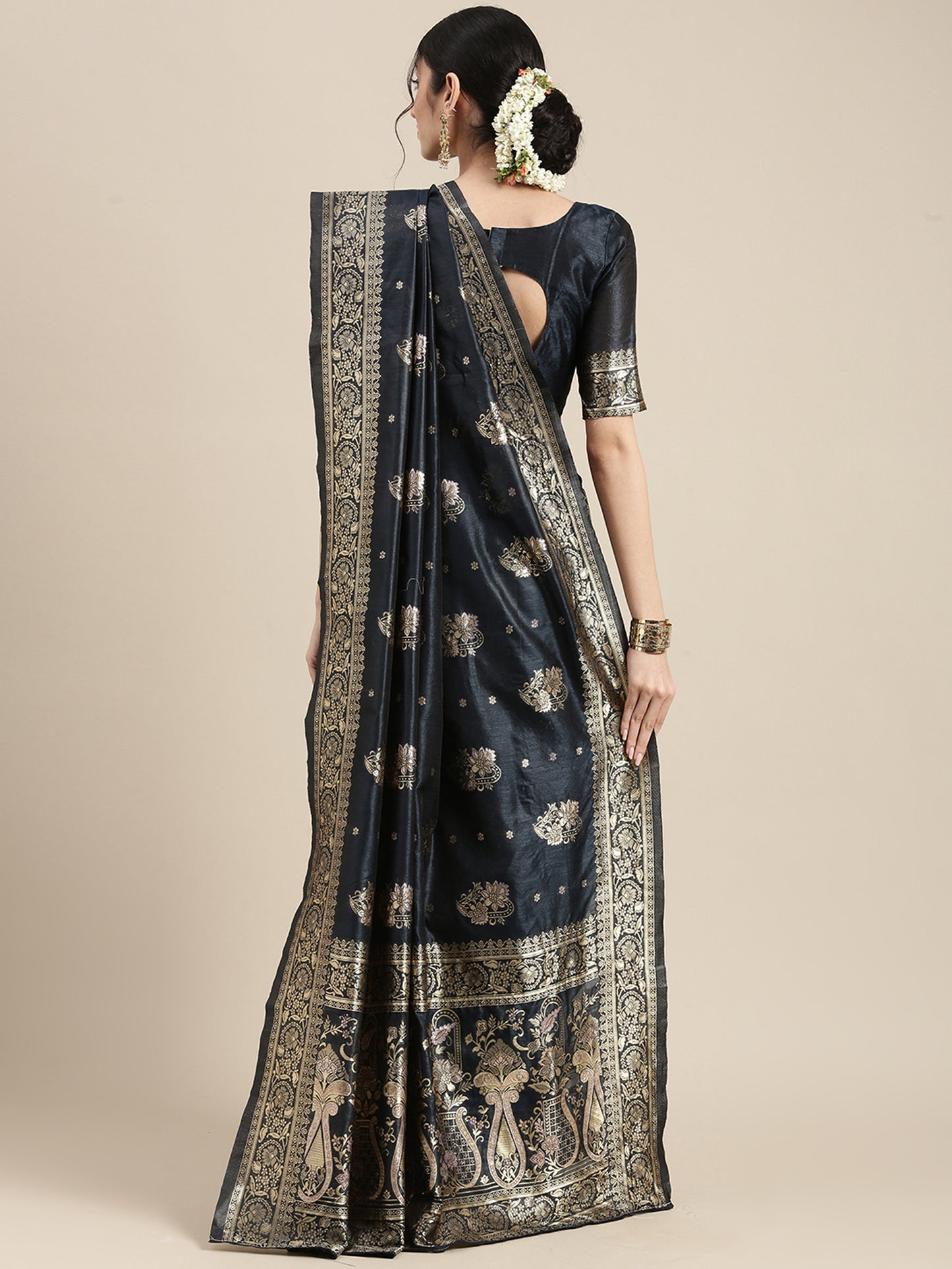 Women's Silk Blend Grey Woven Design Celebrity Saree With Blouse Piece