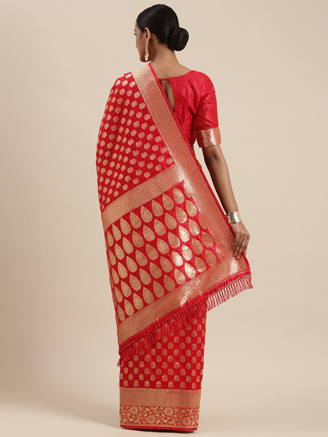 Women's Silk Blend Red Woven Design Woven saree With Blouse Piece