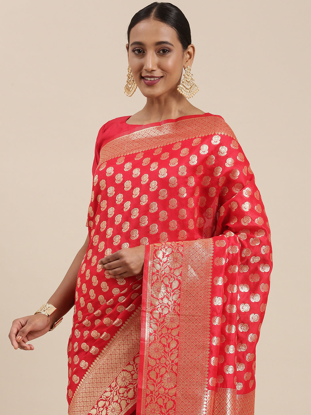 Women's Silk Blend Red Woven Design Woven saree With Blouse Piece
