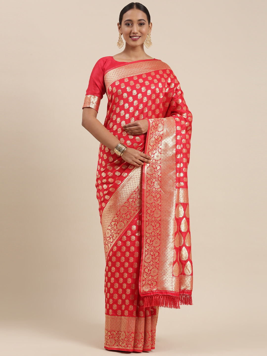 Women's Silk Blend Red Woven Design Woven saree With Blouse Piece