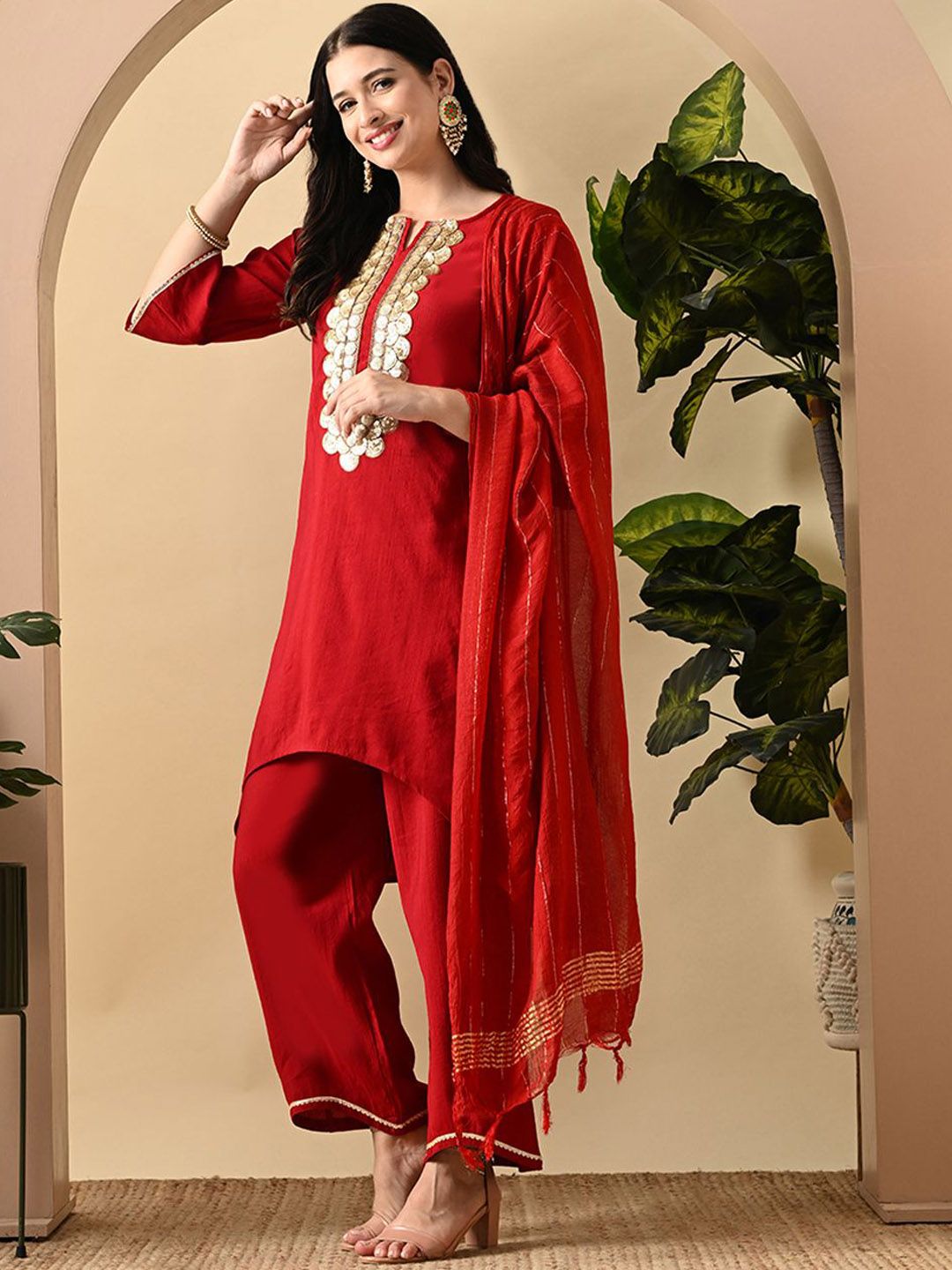 Dhiyona SN Women's Embroidered Keyhole Neck Bell Sleeves Kurta & Palazzos Set with dupatta