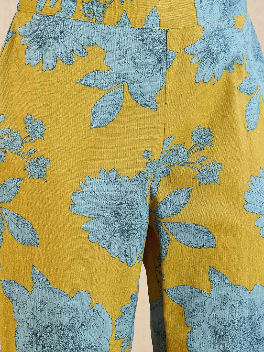 Dhiyona IE Floral Printed V-Neck A-Line Kurta with Trousers