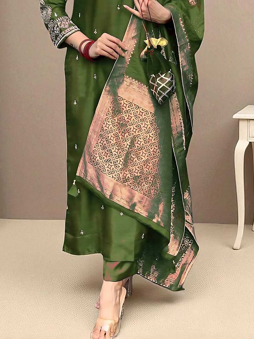 Dhiyona SN Women's Floral Embroidered Sequinned Straight Kurta with Pyjama & Dupatta