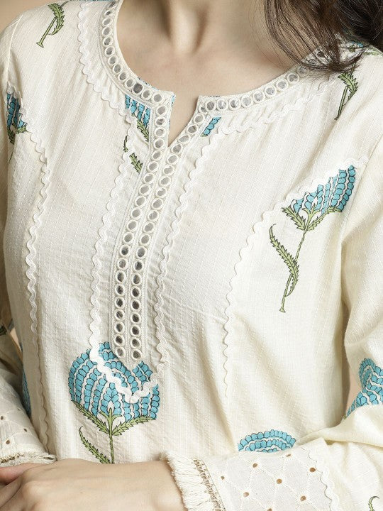 Women's White & Blue Floral Printed Notch Neck Thread Work Cotton A-Line Kurta & Trouser