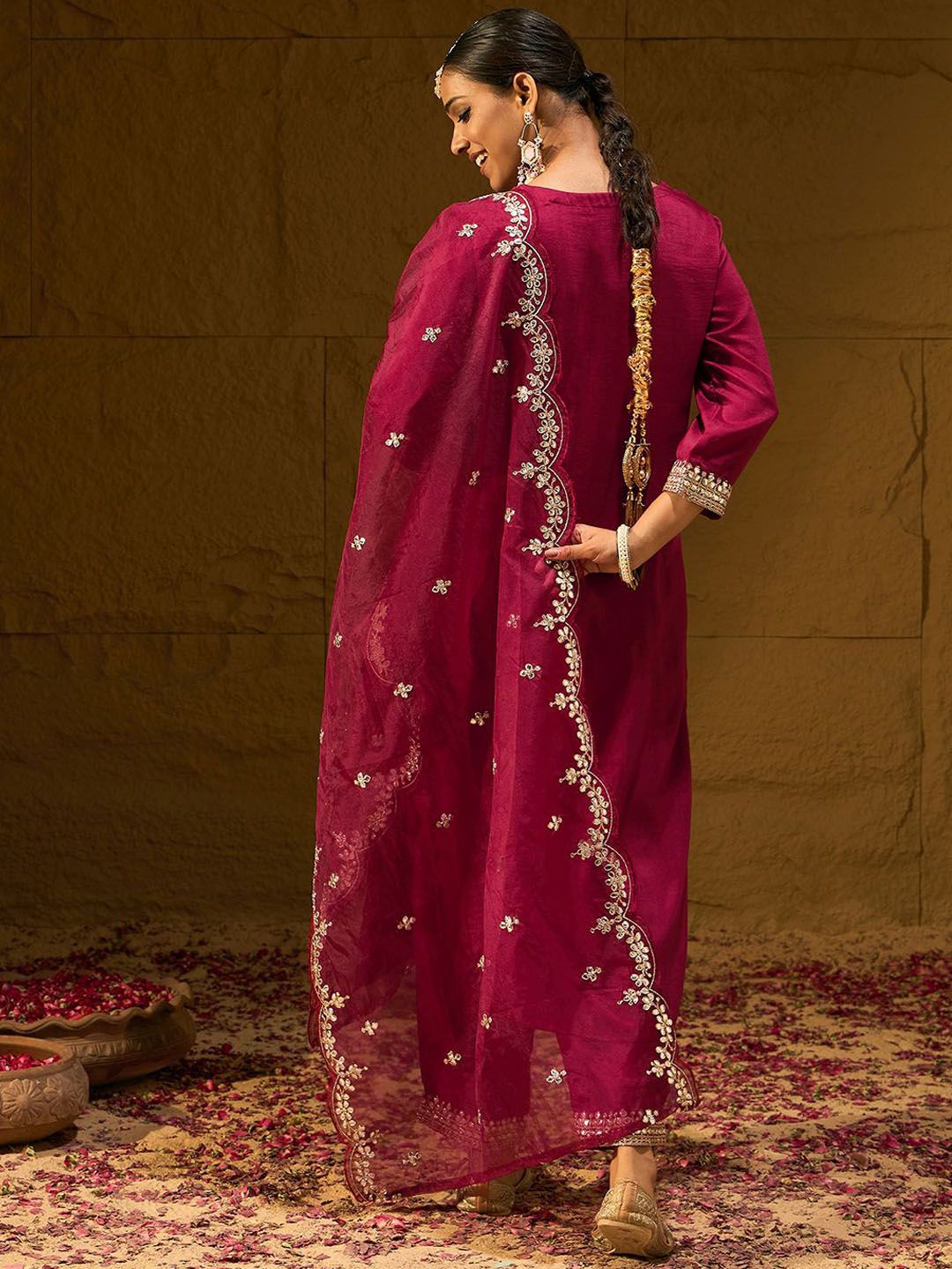 Dhiyona IE Ethnic Motifs Embroidered Gotta Patti Straight Kurta With Trousers & Dupatta
