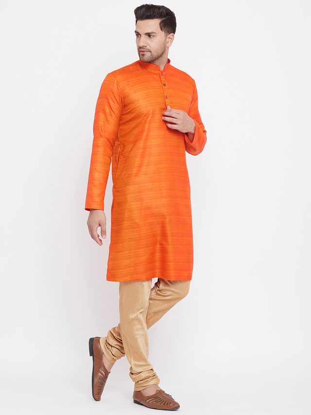 Men's Orange Silk Blend Straight Kurta Pyjama Set