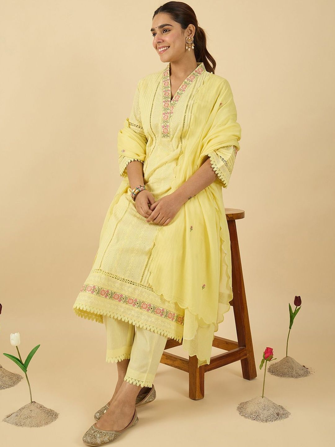 Women Floral Embroidered Cotton Kurta with Trousers & Dupatta