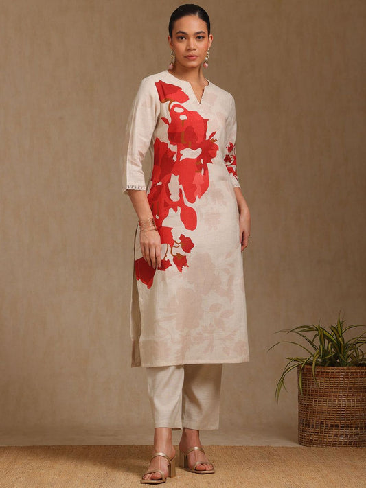 Dhiyona SO Women's Floral Botanical Printed Notch Neck Linen Straight Kurta With Trousers