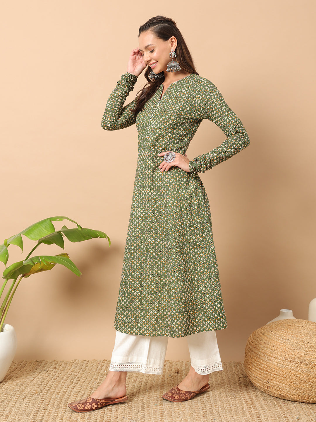 Women's Floral Printed Green Cotton A-Line Kurta
